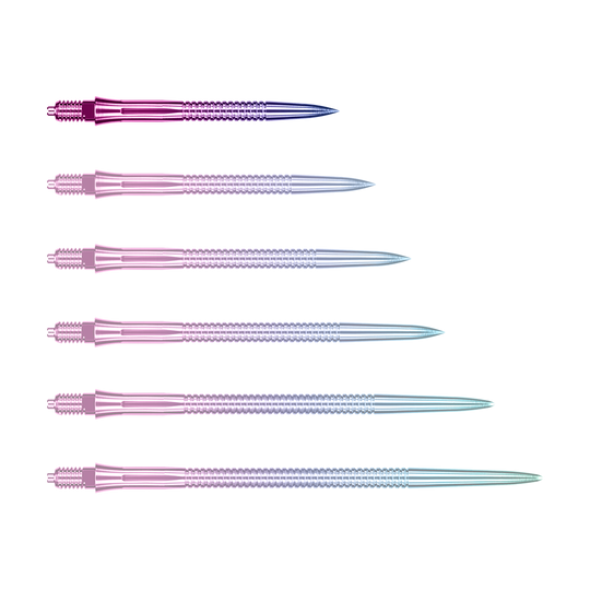 Das Bild zeigt eine einzelne EVO205 Caliburn EZ-EVO Dartspitze Grooved Rainbow 28mm. Die Spitze hat eine auffällige Regenbogenfarbe und eine gerillte Oberfläche.