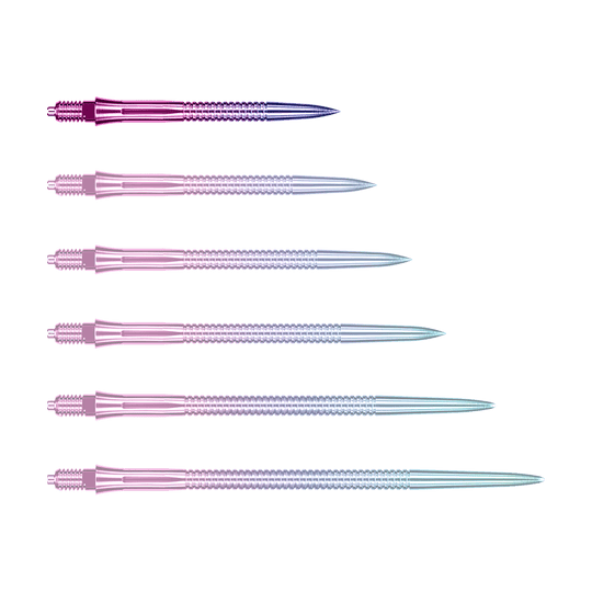 Caliburn EZ-EVO dart tips - Grooved - Rainbow Das Bild zeigt eine einzelne EVO205 Caliburn EZ-EVO Dartspitze Grooved Rainbow 28mm. Die Spitze hat eine auffällige Regenbogenfarbe und eine gerillte Oberfläche.