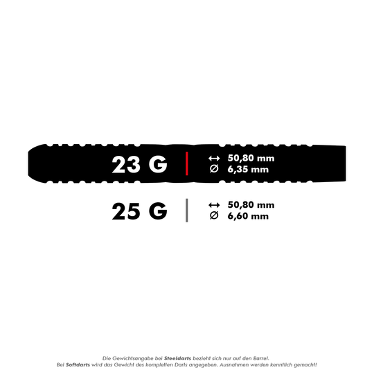 Red Dragon Gerwyn Price Iceman Midnight Edition steel darts Das Bild zeigt die technischen Daten von Steeldarts mit 23 Gramm und 25 Gramm Gewicht. Die Längen betragen jeweils 50,80 mm, während die Durchmesser 6,35 mm (23 g) und 6,60 mm (25 g) sind.