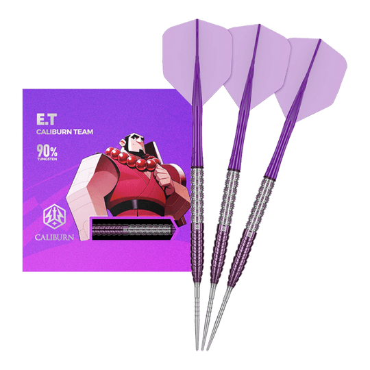 Caliburn Awakening ET steel darts Das Bild zeigt die Caliburn Awakening E.T. Steeldarts in voller Ansicht. Alle Elemente des Produkts sind gut zu erkennen.