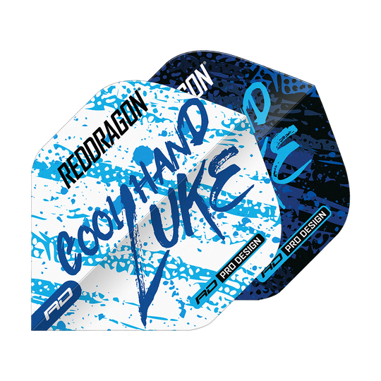 Red Dragon Luke Humphries World Champion Blue White Yin Yang Standard Flights Das Bild zeigt die Red Dragon Luke Humphries World Champion Blue White Yin Yang Standard Flights. Die Flights sind in Blau, Weiß und Schwarz mit auffälligem Schriftzug und Farbspritzern gestaltet.