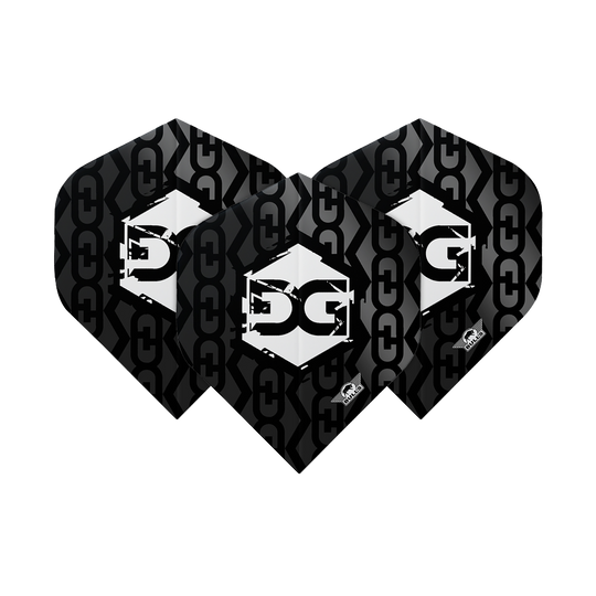 BU50921_Bulls_NL_Player_100_Martijn_Kleermaker_80_No2_Standard_Flights_1FMERIC5AFrZQG Das Bild zeigt drei schwarze Dartflights mit einem Kettenglied-Muster. In der Mitte befindet sich ein weißes Logo mit den Buchstaben "MK".