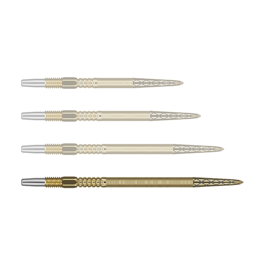 Target Swiss Point DX dart tips - gold Auf dem Bild sind vier goldfarbene Dartspitzen mit silbernem Ansatz zu sehen. Die Spitzen haben ein feines, rautenförmiges Muster am vorderen Ende.