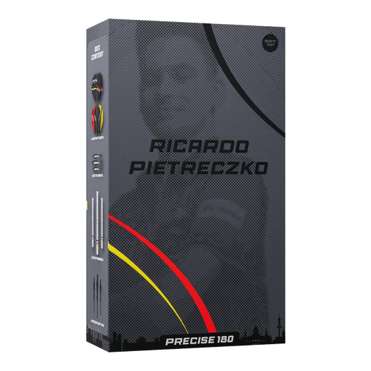 Abgebildet sind die Precise 180 Ricardo Pietreczko GEN1 Softdarts. Sie eignen sich ideal für Präzisionswürfe im Softdart-Bereich.