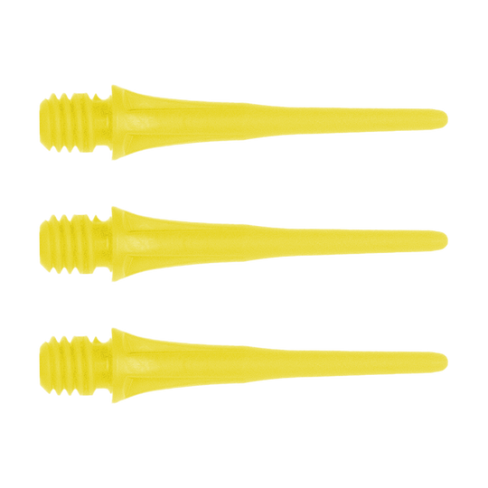 Das Bild zeigt drei gelbe Dartspitzen mit Gewinde. Es handelt sich um das Produkt "Cosmo Fit Point Plus 2BA Spitzen 25mm (50er Pack)".