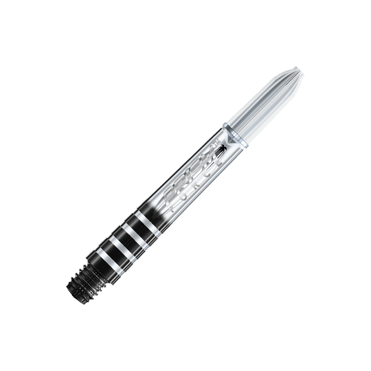 Dies ist ein transparenter Dart-Schaft mit der Aufschrift "Prism Force". Er hat ein klares, gestreiftes Design und misst 35 mm.