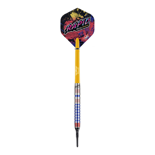 Bulls NL Ricky Evans Rapid Edition One Soft Darts - 20g Das Bild zeigt einen Softdart aus der Serie "Bulls NL Ricky Evans Rapid Edition One" mit einem Gewicht von 20 Gramm. Der Dart hat bunte Akzente, einen gelben Schaft und eine auffällige Flights mit dem Schriftzug "RAPID Ricky Evans".