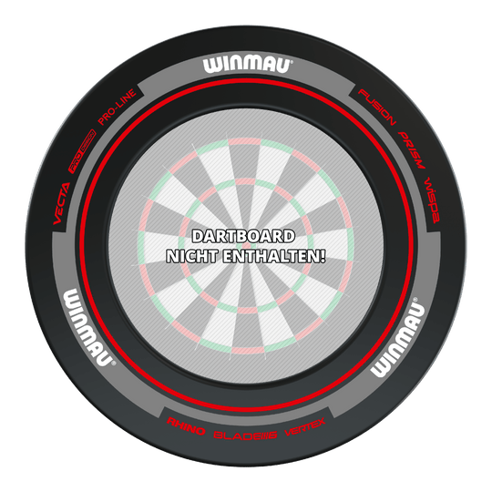 Das Bild zeigt das Produkt "Winmau Advance Dartboard Surround" in Schwarz und Rot. In der Mitte steht der Hinweis: "Dartboard nicht enthalten!"