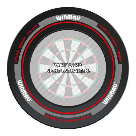 Winmau Advance Dartboard Surround - Black Red Das Bild zeigt das Produkt "Winmau Advance Dartboard Surround" in Schwarz und Rot. In der Mitte steht der Hinweis: "Dartboard nicht enthalten!"