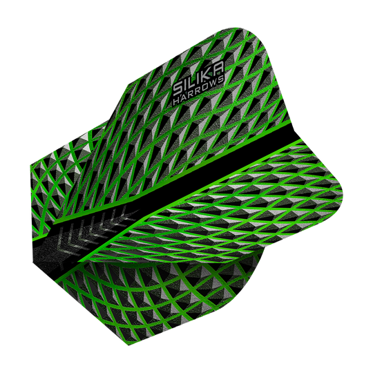 HR57_Harrows_Silika_Green_No6_Flights_2 Das Bild zeigt das Produkt "Harrows Silika Green No6 Flights". Die Dartflights haben ein geometrisches Muster in Schwarz, Grau und Grün mit dem Aufdruck "Silika Harrows".