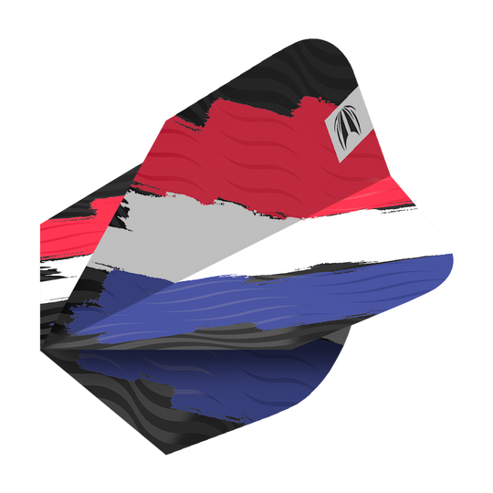 TG67_335790_Target_ProUltra_Flag_Holland_Ten-X_Flights_2 Das Bild zeigt das Produkt "Target Pro Ultra Flag Holland Ten-X Flights". Die Dart-Flights sind in den Farben der niederländischen Flagge gestaltet: Rot, Weiß und Blau.