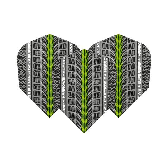 HR73_Harrows_Supergrip_Gr-n_No6_Flights_1VVHfTVVls8xri Das Bild zeigt die Harrows Supergrip Grün No6 Flights. Die Flights haben ein graues Reifenprofilmuster mit grünen und weißen Akzenten.