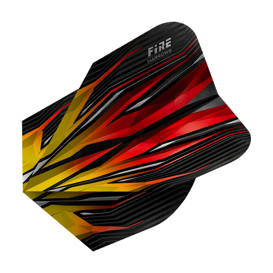 HR3_Harrows_Fire_Two-Tone_Standard_Flights_2 Das Bild zeigt das Produkt 'Harrows Fire Two-Tone Standard Flights'. Das Design ist in leuchtenden Rot-, Gelb- und Schwarztönen gehalten und wirkt wie lodernde Flammen.