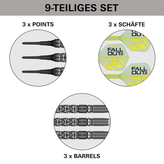 Target Luke Littler Nuke Fallout Soft Darts - 19g Zu sehen ist das Produkt Target Luke Littler Nuke Fallout Softdarts - 19g. Die Aufnahme zeigt Details des Softdarts.