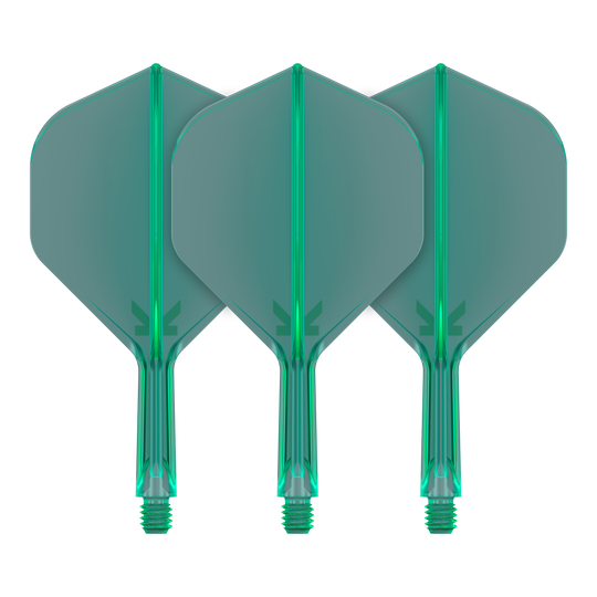 Target K-Flex No2 Standard Flight System - Green In der Aufnahme werden Dart-Flights mit klarer Linienführung gezeigt. Zwei Flights sind im Bild nebeneinander positioniert.