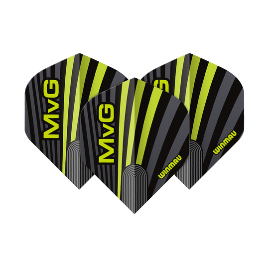 Abgebildet sind die Winmau Prism Delta MvG Grey Green No2 Standard Flights. Diese Dart-Flights haben ein graues und grünes Design.