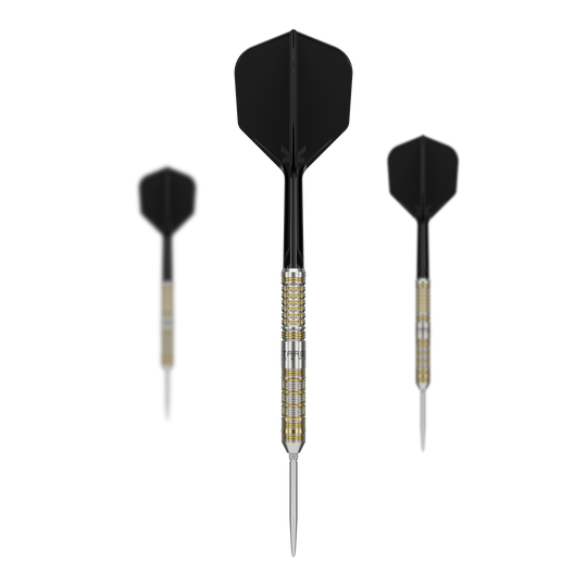 Target Japan Black Marque Reyn GEN2 steel darts Das Bild zeigt drei Target Japan Black Marque Reyn GEN2 Steeldarts mit schwarzen Flights. Die Dartpfeile haben einen silbernen und goldenen Griffbereich sowie lange, spitze Spitzen.
