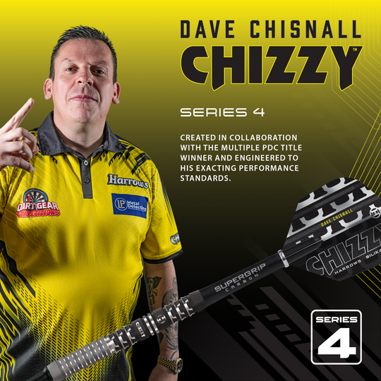 Hier sieht man die Harrows Dave Chisnall Chizzy Series 4 Quick Point Steeldarts. Das Design wurde für Präzision und Kontrolle entwickelt.