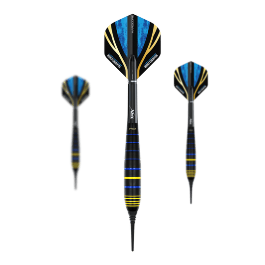 Red Dragon Luke Humphries World Champion Brass Softdarts - 20g Das Bild zeigt drei Softdarts des Modells "Red Dragon Luke Humphries World Champion Brass Softdarts - 20g". Die Darts haben schwarze, blaue und gelbe Farbakzente sowie Flights mit blauen und goldenen Details.