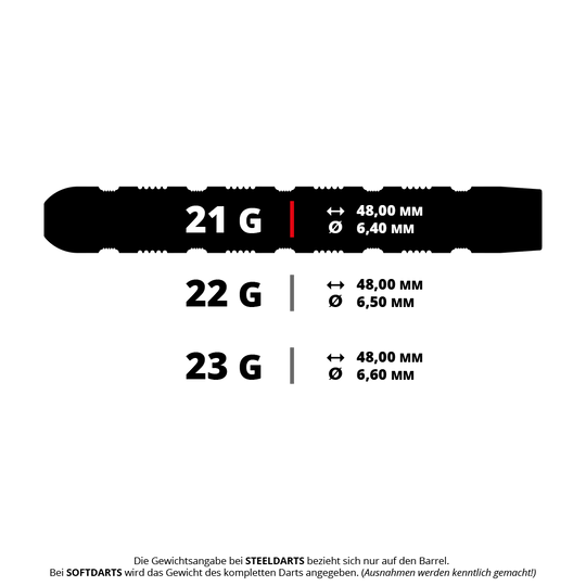 Target Rob Cross 95K Swiss Point Steel Darts Das Bild zeigt drei Steeldarts mit unterschiedlichen Gewichten: 21 g, 22 g und 23 g. Die Länge beträgt jeweils 48,00 mm, während der Durchmesser je nach Gewicht zwischen 6,40 mm und 6,60 mm variiert.