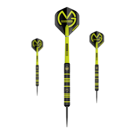 Winmau Michael Van Gerwen MvG Ambition Steeldarts Das Bild zeigt drei Winmau Michael Van Gerwen MvG Ambition Steeldarts. Die Darts sind schwarz und neongelb mit dem MvG-Logo auf den Flights.