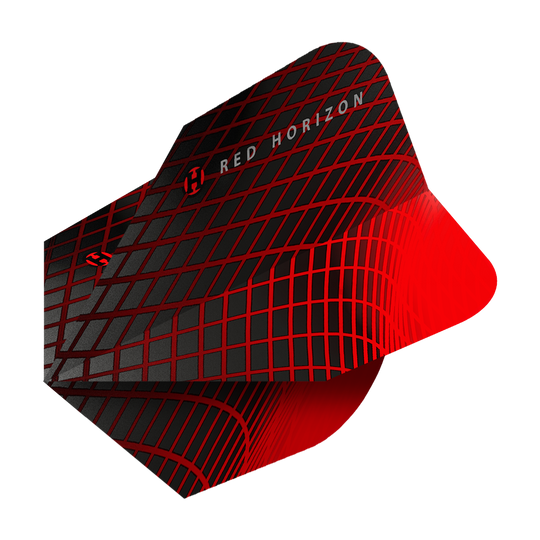 HR69_Harrows_Prime_Red_Horizon_No6_Flights_2 Das Bild zeigt die Harrows Prime Red Horizon No6 Flights. Sie sind schwarz mit einem auffälligen roten Gittermuster und dem Schriftzug "Red Horizon" gestaltet.