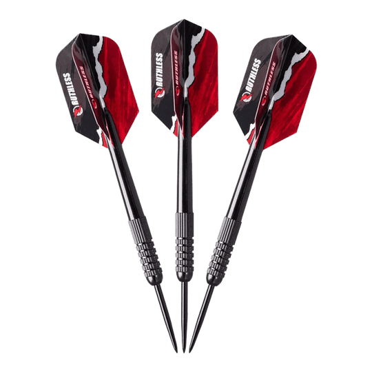 Das Bild zeigt drei Darts aus dem Ruthless Mini Desktop Dartboard Set. Die Darts haben schwarze Spitzen und auffällige schwarz-rote Flights.