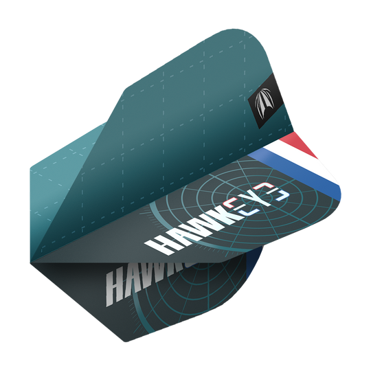 Target Pro Ultra Kevin Doets GEN1 No6 Flights - 3 Sets Das Bild zeigt die Target Pro Ultra Kevin Doets GEN1 No6 Flights in einem modernen Design. Auf den Flights steht "HAWKEYE" und sie sind mit einem Fadenkreuz-Muster sowie den Farben der niederländischen Flagge verziert.