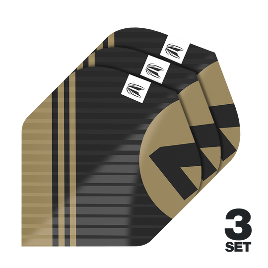 Target Pro Ultra Chicane Black No2 Standard Flights - 3 Sets Das Bild zeigt drei Sätze von Target Pro Ultra Chicane Black No2 Standard Flights. Die Flights sind schwarz-gold gestreift und besitzen ein modernes Design mit einem weißen Logo.