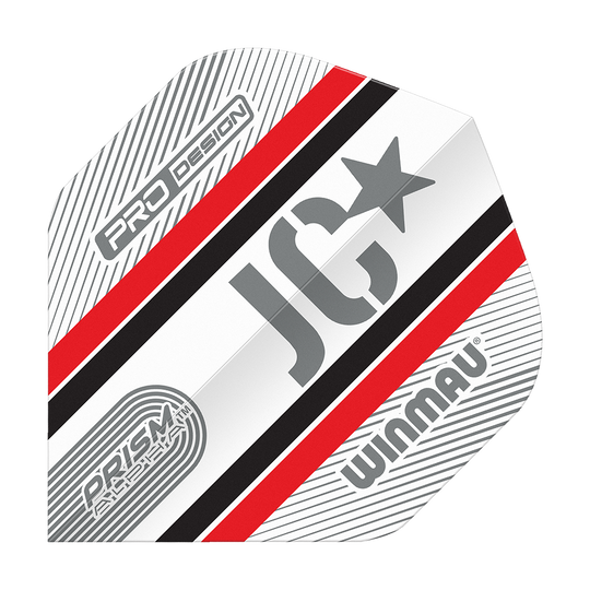 Das Bild zeigt ein Winmau Alpha Joe Cullen 85 Standard Flight für Dartpfeile. Das Flight ist weiß mit roten, schwarzen und grauen Streifen sowie den Aufdrucken "JC", "PRO DESIGN" und "WINMAU".