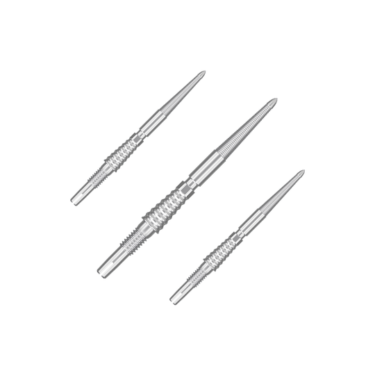 Target Swiss Storm LNC dart tips - silver Das Bild zeigt drei silberne Dartspitzen, die nebeneinander angeordnet sind. Sie haben eine geriffelte Struktur und sind aus Metall gefertigt.
