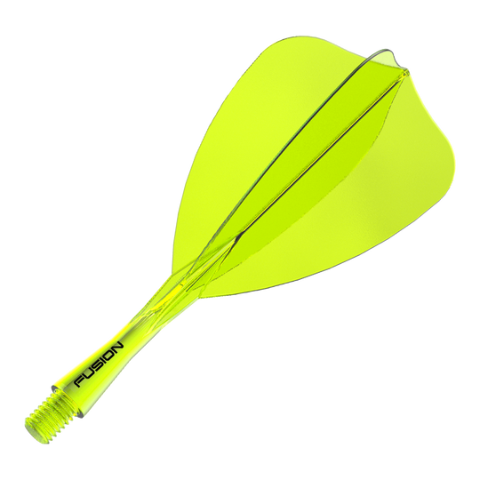 Abgebildet ist ein einzelner neon-gelber Dart-Schaft und -Flight des Winmau Fusion Flight Shaft Systems Arrow 22mm. Dieses Zubehör ist für den Dartsport geeignet.