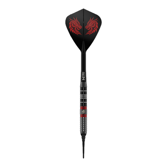 Red Dragon Jonny Clayton RD-ULTRA soft darts - 18g Dieses Bild zeigt einen einzelnen Red Dragon Jonny Clayton RD-ULTRA Softdart mit 18g. Zu sehen sind silberne, schwarze und rote Elemente sowie ein auffälliger Flight.