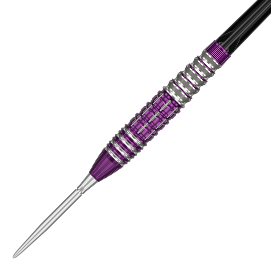 Target Japan Prime Series Tung Suk Zenith GEN1 Swiss Point Steeldarts - 23g Das Bild zeigt einen Target Japan Prime Series Tung Suk Zenith GEN1 Swiss Point Steeldart mit 23g Gewicht. Der Dart hat ein auffälliges Design mit silbernen und lila Elementen am Griff.