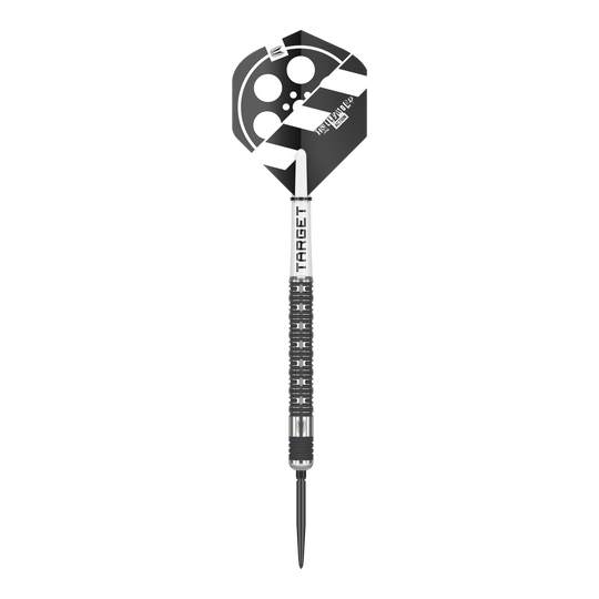Target Chris Dobey Hollywood Action Swiss Point Steeldarts Das Bild zeigt einen Steeldartpfeil mit dem Namen "Target Chris Dobey Hollywood Action Swiss Point". Der Dart hat ein schwarz-weißes Design mit einem Filmklappen-Motiv auf dem Flight.