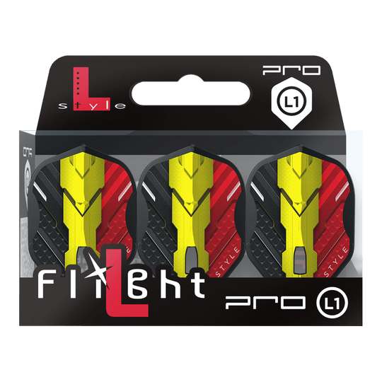 Das Bild zeigt eine Packung mit drei Dart-Flights der Marke L-Style, Modell V-Series V1 Type C Belgium Black L1PRO. Die Flights haben ein Design in den Farben Schwarz, Rot und Gelb, inspiriert von der belgischen Flagge.