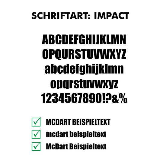Flightdruck-Schriftart-Impactyns1iNZM6uNkY Das Bild zeigt einen großen, fetten Schriftzug mit dem Text "SCHRIFTART IMPACT" in der Mitte. Darunter sind drei grüne Häkchen mit den Wörtern "Fett", "Kompakt" und "Klar" zu sehen.