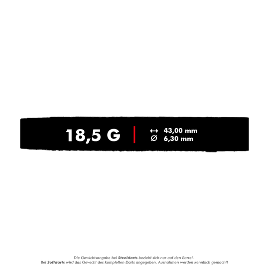 McDart 85 Tungsten V21 soft darts - 18.5g Das Bild zeigt die Angaben zum Produkt "McDart 85er Tungsten V21 Softdarts - 18,5g". Die Darts wiegen 18,5 Gramm, sind 43,00 mm lang und haben einen Durchmesser von 6,30 mm.