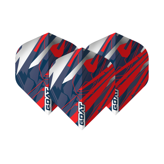 Das Bild zeigt drei Dart-Flights des Produkts "GOAT Homerun No2 Standard Flights". Die Flights sind in den Farben Rot, Blau und Weiß gestaltet und mit dem Schriftzug "GOAT" versehen.