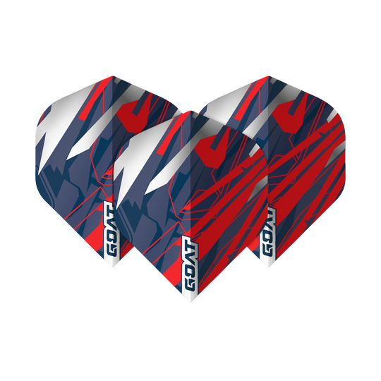 GOAT Homerun No2 Standard Flights Das Bild zeigt drei Dart-Flights des Produkts "GOAT Homerun No2 Standard Flights". Die Flights sind in den Farben Rot, Blau und Weiß gestaltet und mit dem Schriftzug "GOAT" versehen.