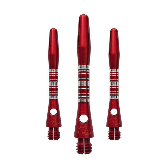 Dieses Bild zeigt die Bulls NL Supra Aluminium Shafts in Rot, 34 mm lang, als Set. Die Schäfte sind robust und ideal für Dartspieler.