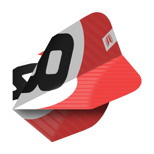 337211_Target_ProUltra_3Sets_Chicane_Red_No6_Flights_2Bly77xbdEKnrc Das Bild zeigt einen roten Dartflight mit dem Produktnamen "Target Pro Ultra Chicane Red No6 Flights". Auf dem Flight sind schwarze und weiße Designelemente sowie ein Logo abgebildet.