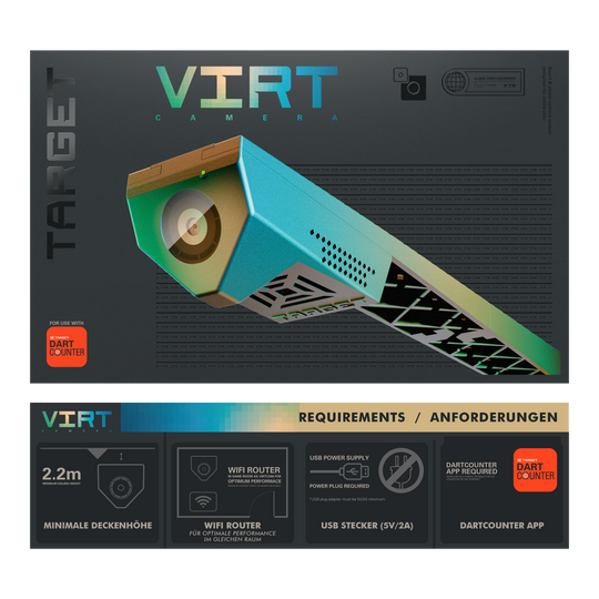 Target VIRT Camera Das Bild zeigt die Produktverpackung der "Target VIRT Kamera", die in einer modernen, grafischen Gestaltung präsentiert wird. Unten sind die Anforderungen aufgeführt, wie eine Mindestdeckenhöhe von 2,2 m, WLAN-Router, USB-Stecker und die DartCounter App.