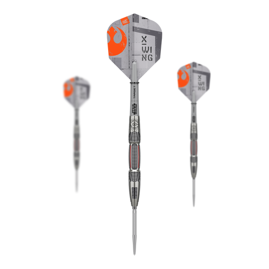 Target Star Wars X-Wing Swiss Point Steel Darts Auf dem Bild ist ein Set der Target Star Wars X-Wing Swiss Point Steeldarts zu sehen. Die Darts zeichnen sich durch ein besonderes Star Wars Design aus.