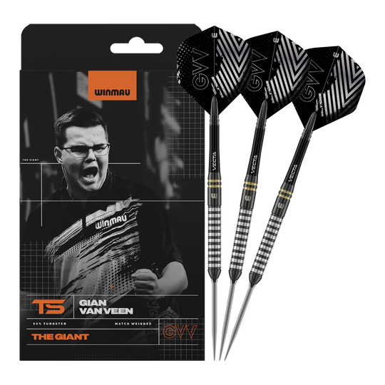 Winmau Gian Van Veen TS Switch Point steel darts Abgebildet ist Winmau Gian Van Veen TS Switch Point Steeldarts. Die Darts sind vollständig nebeneinander dargestellt.