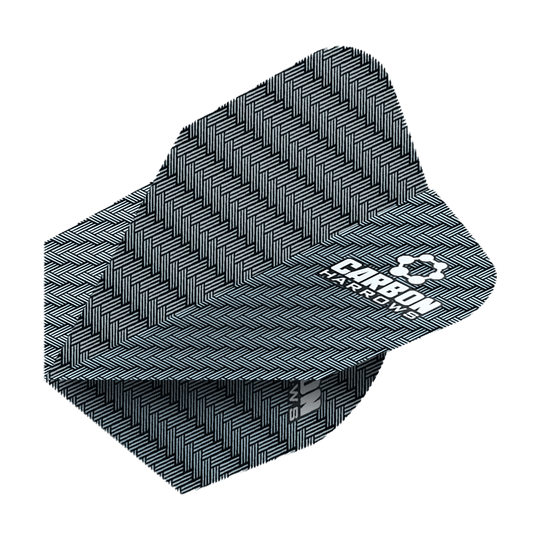 HR52_Harows_Carbon_No6_Flights_Blau_2 Das Bild zeigt die „Harrows Carbon Flights HR52“. Sie sind mit einem schwarzen, gewebten Karbonmuster und einem weißen Logo gestaltet.