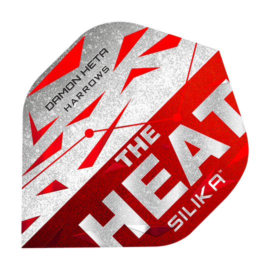 Das Bild zeigt ein Dart-Flugblatt mit dem Namen "Harrows Silika Damon Heta Series 3 Flights". Es ist in den Farben Rot, Weiß und Silber gestaltet und trägt die Aufschrift "THE HEAT SILIKA" sowie "DAMON HETA HARROWS".