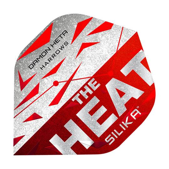 Harrow's Silika Damon Heta Series 3 Flights Das Bild zeigt ein Dart-Flugblatt mit dem Namen "Harrows Silika Damon Heta Series 3 Flights". Es ist in den Farben Rot, Weiß und Silber gestaltet und trägt die Aufschrift "THE HEAT SILIKA" sowie "DAMON HETA HARROWS".