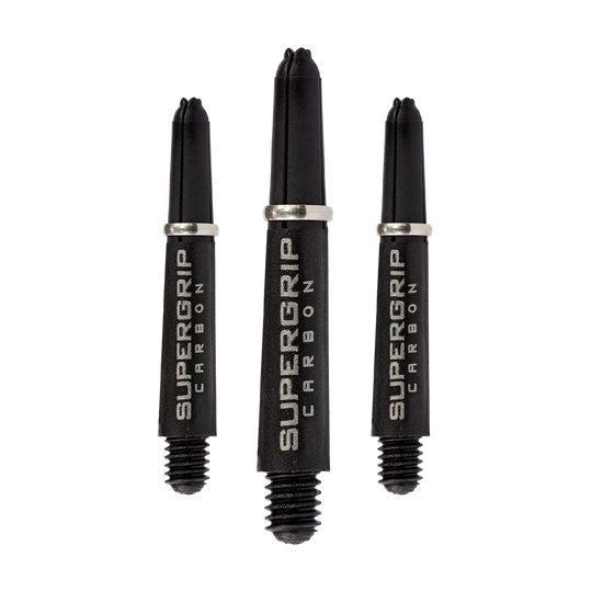 Das Bild zeigt drei Harrows Supergrip Carbon Shafts in Silber. Die Dartschäfte sind aus robustem Carbon gefertigt und haben ein modernes Design.