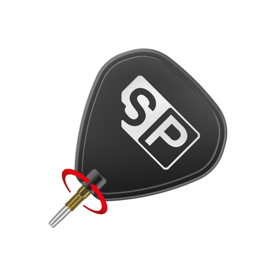 Target Swiss Point Nano Dart Tips - Gold Das Bild zeigt eine schwarze Dart-Flight mit der weißen Aufschrift "SP". Unten ist eine goldfarbene Dartspitze mit silberner Spitze zu sehen.